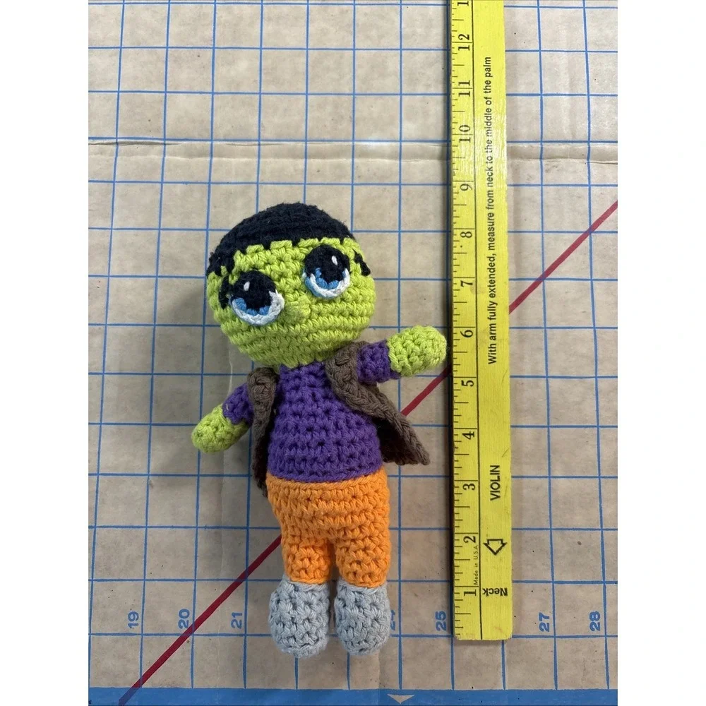Hand-Crocheted‎ Frankenstein Amigurumi Doll - Purple & Orange Outfit.